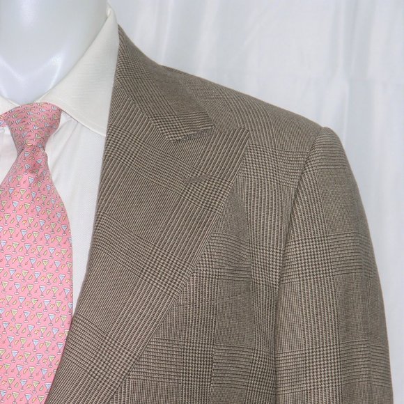 Armani Collezioni Two Button Tan Prince of Wales Plaid Cashmere Blend Suit 42L